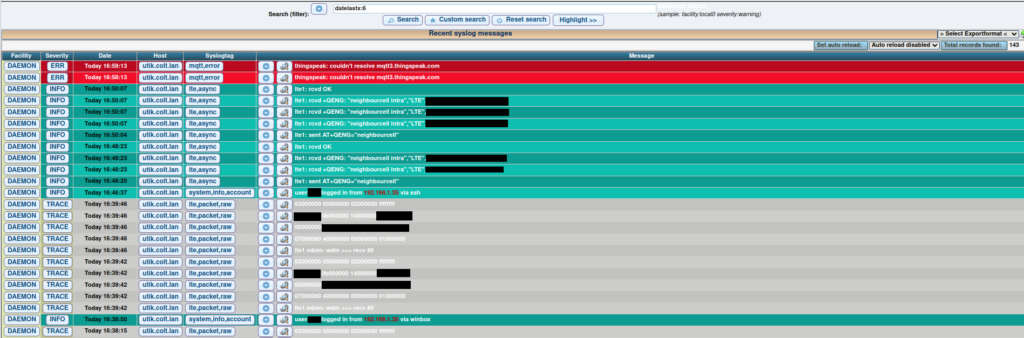 LogAnalyzer main view showing syslog data in a grid