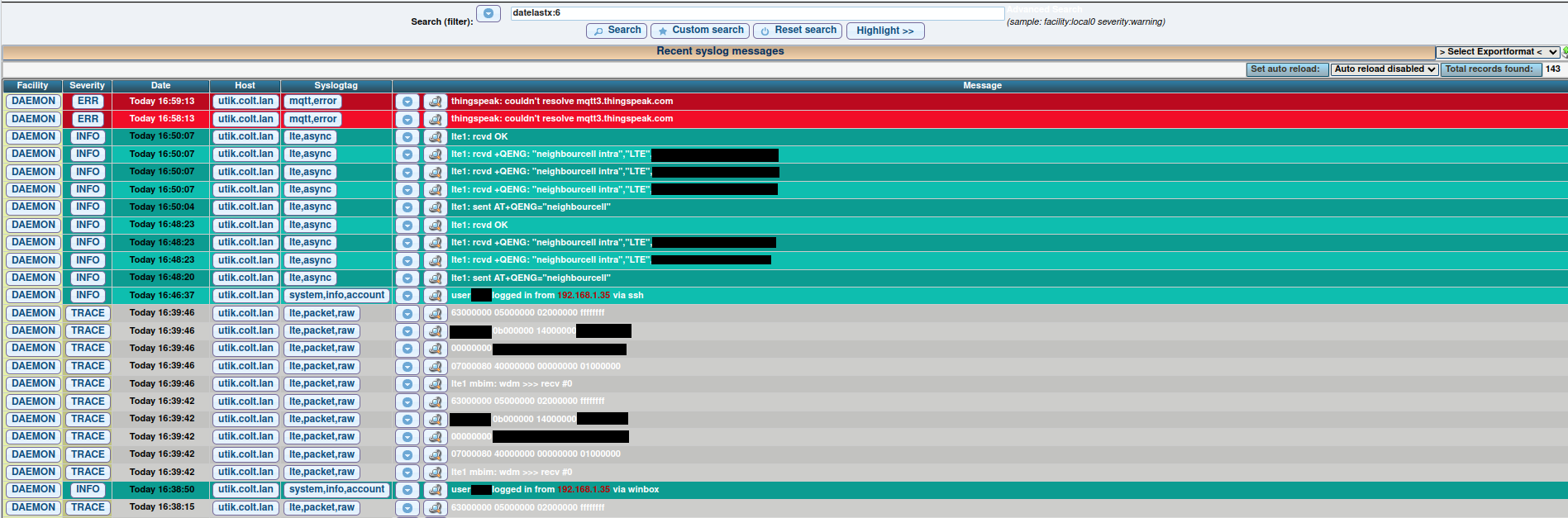LogAnalyzer main view showing syslog data in a grid